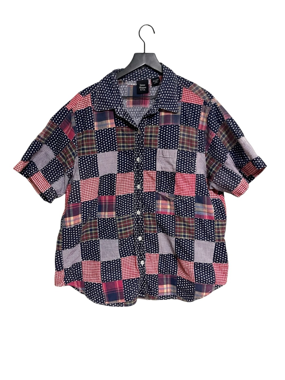 Quizz vintage Patchwork Short-Sleeve Button-Up Shirt - Navy & Red size 22